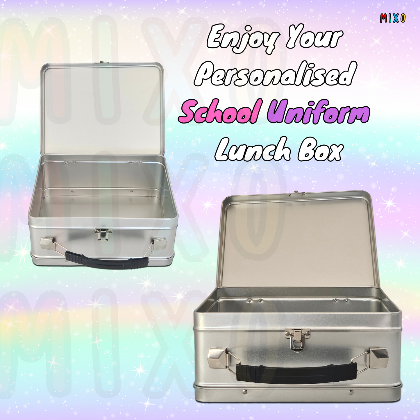 Personalised School Uniform Metal Lunch Box – Silver, Blue, or Red