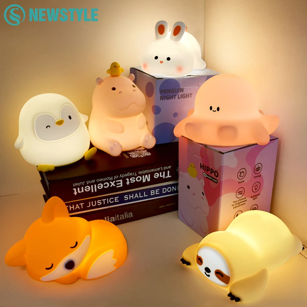 Silicone Fox & Rabbit Nursery Night Light, Dimmable, Rechargeable Kids Bedside Lamp with Soft Glow & Touch Sensor