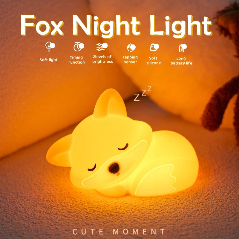 Silicone Fox & Rabbit Nursery Night Light, Dimmable, Rechargeable Kids Bedside Lamp with Soft Glow & Touch Sensor