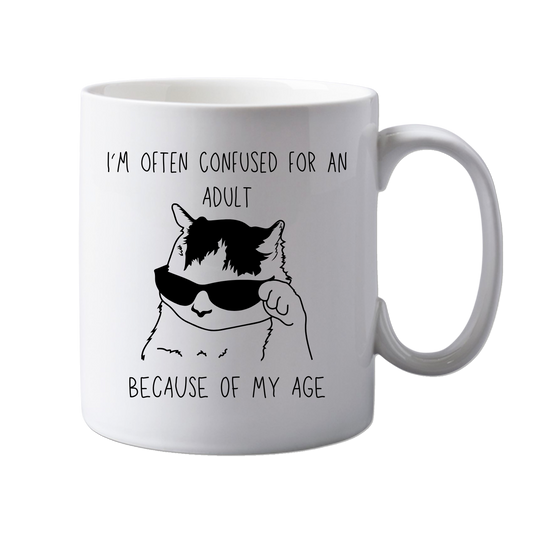 11oz Ceramic Funny, "Confused for an Adult" Grownup mug, Novelty Gift, Perfect for Friends, Colleagues, Christmas, Birthdays or Office Secret Santa