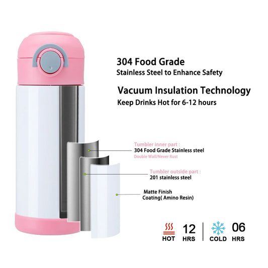 Kids 500ml Pink Sublimation Water Bottle with Straw